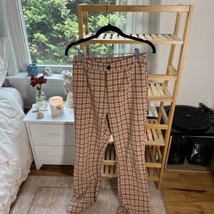 70s style plaid trousers with a relaxed fit, brown and tan, fits S to XS